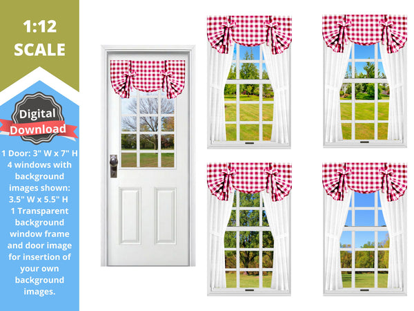 DIGITAL DOWNLOAD 1:12 Scale 4 Windows Red and White Check Curtains and a Door for 6 Inch Sized Dolls Diorama Wall Decor Doll Room Box