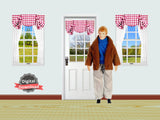 DIGITAL DOWNLOAD 1:12 Scale 4 Windows Red and White Check Curtains and a Door for 6 Inch Sized Dolls Diorama Wall Decor Doll Room Box