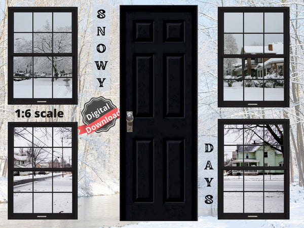 DIGITAL DOWNLOAD 1:6 Scale 4 Black Windows and Door (Set 1) Snowy Day Neighborhood Scenes for 11.5" Tall Doll Diorama Doll Room Box Decor