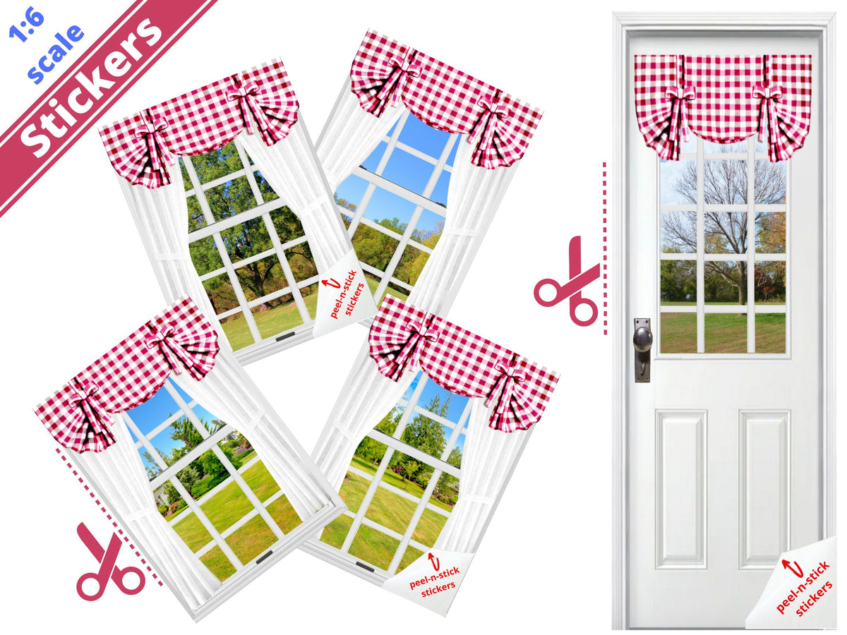 Dollhouse White Windows and Door STICKERS with Red and White Curtains ...
