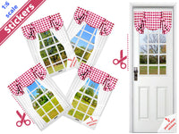 STICKERS 1:6 Scale 4 Windows and Door with Red and White Check Print Curtains for 11.5" Tall Dolls Diorama Wall Decor Doll Room Box Decor
