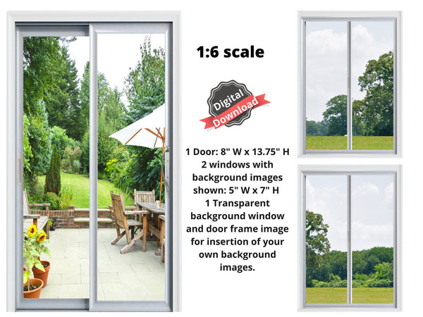 DIGITAL DOWNLOAD 1:6 Scale Sliding Glass Doors and 2 Windows for 11.5" Tall Dolls Diorama Wall Decor Doll Room Box Decor