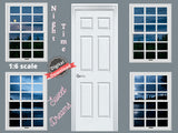 DIGITAL DOWNLOAD 1:6 Scale Moonlit Night 4 White Window Scenes and a Door for 11.5" Tall Dolls Diorama Wall Decor Doll Room Box Decor