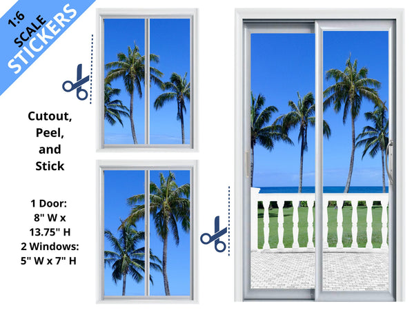 STICKERS 1:6 Sliding Glass Door & Windows with Balcony, Palm Trees, Blue Skies for 11.5" Tall Dolls Diorama Wall Decor Doll Room Box Decor