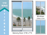 STICKERS 1:12 Scale Beach Scene Patio Balcony Door with 2 Windows for 6 Inch Tall Dolls Diorama Wall Decor Doll Room Box Decor