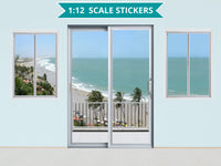 STICKERS 1:12 Scale Beach Scene Patio Balcony Door with 2 Windows for 6 Inch Tall Dolls Diorama Wall Decor Doll Room Box Decor