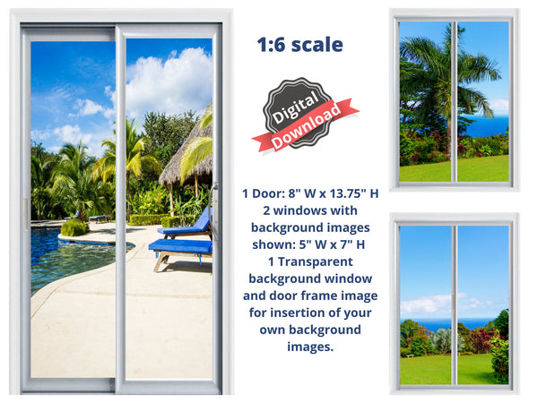 DIGITAL DOWNLOAD 1:6 Scale Tropical Pool Side Sliding Glass Doors and 2 Windows for 11.5" Tall Dolls Diorama Wall Decor Doll Room Box Decor