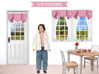 STICKERS 1:12 Scale 4 Windows and Door with Red and White Check Print Curtains for 6 Inch Tall Dolls Diorama Wall Decor Doll Room Box Decor