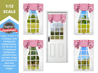 DIGITAL DOWNLOAD 1:12 Scale 4 Windows Red and White Check Curtains and a Door for 6 Inch Sized Dolls Diorama Wall Decor Doll Room Box