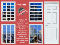 DIGITAL DOWNLOAD 1:6 Scale 4 White Windows and Door Nighttime City Scenes for 11.5" Tall Dolls Diorama Wall Decor Doll Room Box Decor