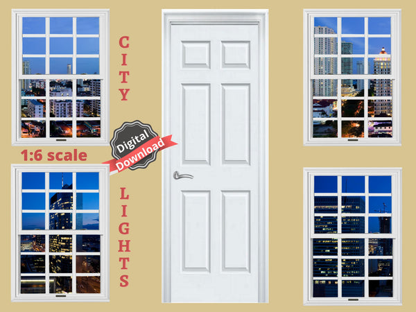 DIGITAL DOWNLOAD 1:6 Scale 4 White Windows and Door Nighttime City Scenes for 11.5" Tall Dolls Diorama Wall Decor Doll Room Box Decor
