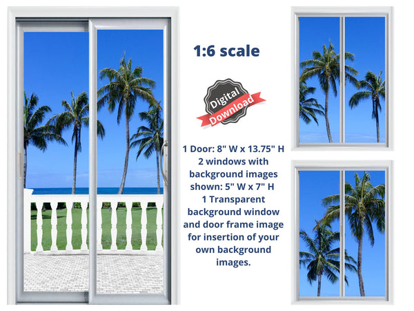 DIGITAL DOWNLOAD 1:6 Scale Sliding Glass Doors and 2 Windows with Palm Trees for 11.5" Tall Dolls Diorama Wall Decor Doll Room Box Decor
