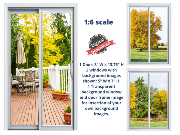 DIGITAL DOWNLOAD 1:6 Scale Sliding Glass Doors and 2 Windows with Fall Foliage for 11.5" Tall Dolls Diorama Wall Decor Doll Room Box Decor
