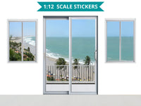 STICKERS 1:12 Scale Beach Scene Patio Balcony Door with 2 Windows for 6 Inch Tall Dolls Diorama Wall Decor Doll Room Box Decor