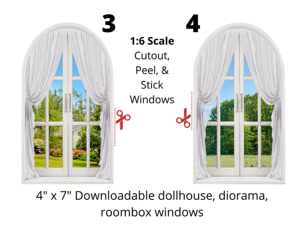 Window Curtains Sticker White Arched Windows with Curtains 1:6 Scale STICKERS for Dollhouse ...