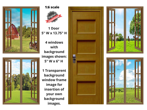 DIGITAL DOWNLOAD 1:6 Scale 4 Brown Open Windows and Door Country Scenes for 11.5" Tall Dolls Diorama Doll Room Box Decor