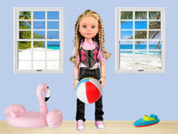 white dollhouse window stickers with doll holding beach ball