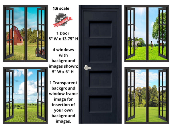 DIGITAL DOWNLOAD 1:6 Scale 4 BLACK Open Windows and Door Country Scenes for 11.5" Tall Dolls Diorama Doll Room Box Decor