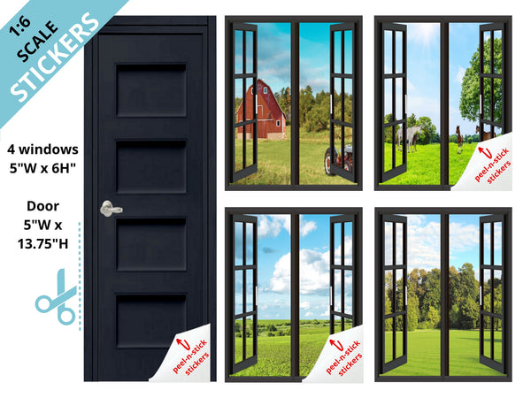 STICKERS 1:6 Scale 4 Black Open Windows Country Scenes and Door STICKER SET for 11.5" Tall Dolls Diorama Room Box Decor