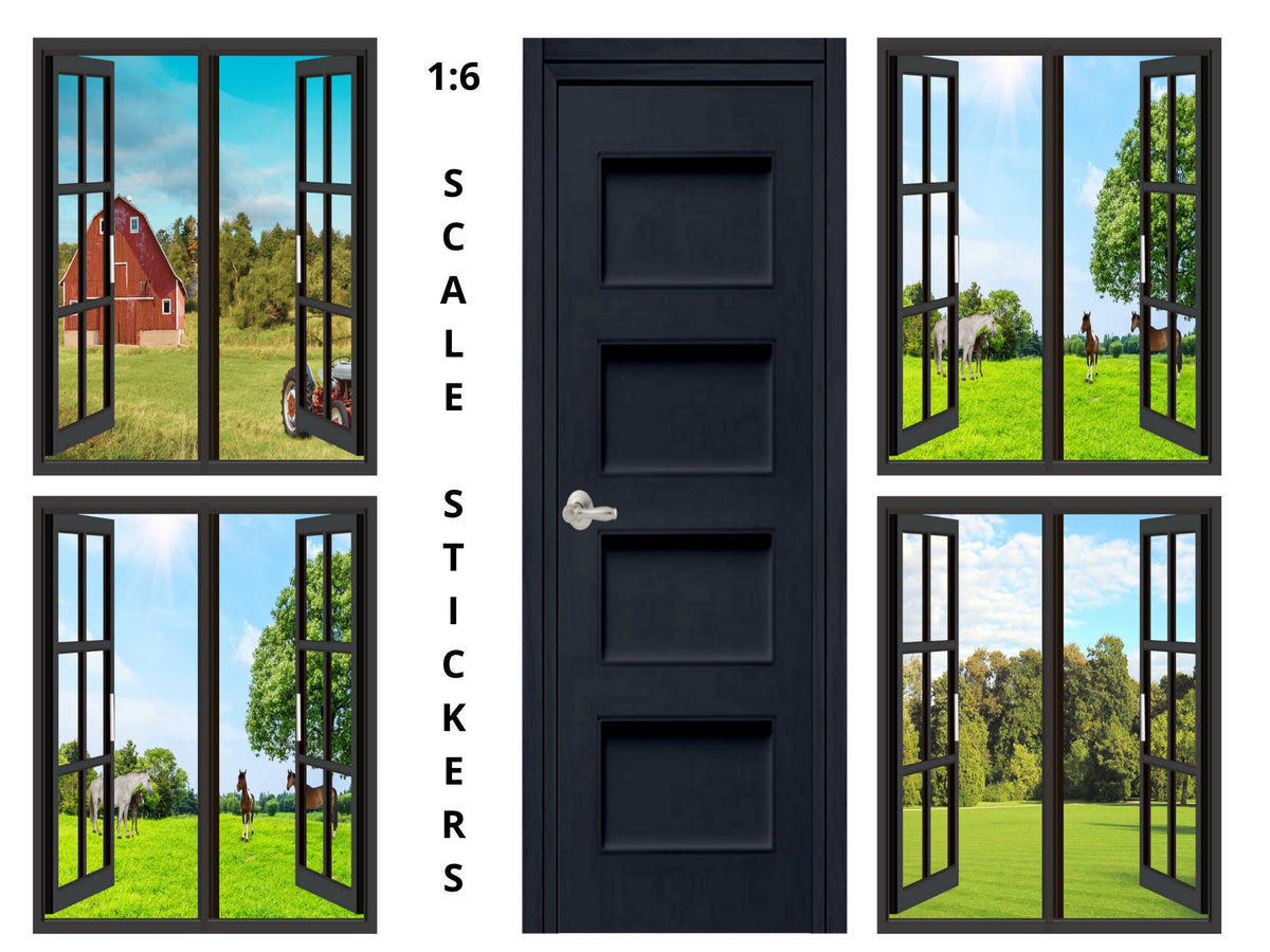 STICKERS 1:6 Scale 4 Black Open Windows Country Scenes Door for 11.5 ...