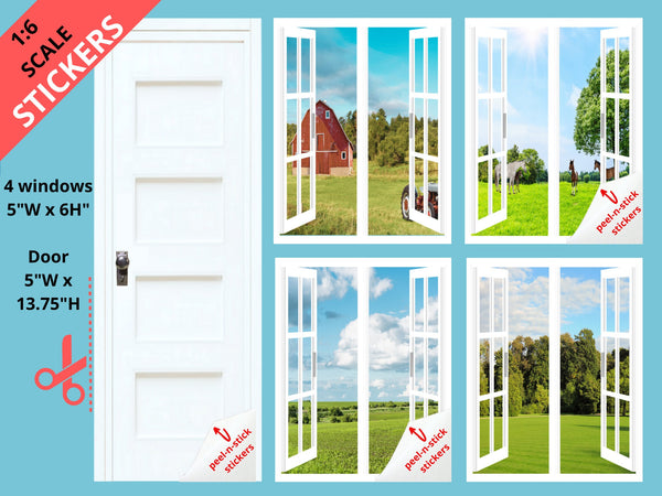 STICKERS 1:6 Scale 4 White Open Windows Country Scenes and Door STICKER SET for 11.5" Tall Dolls Diorama Wall Decor Doll Room Box Decor