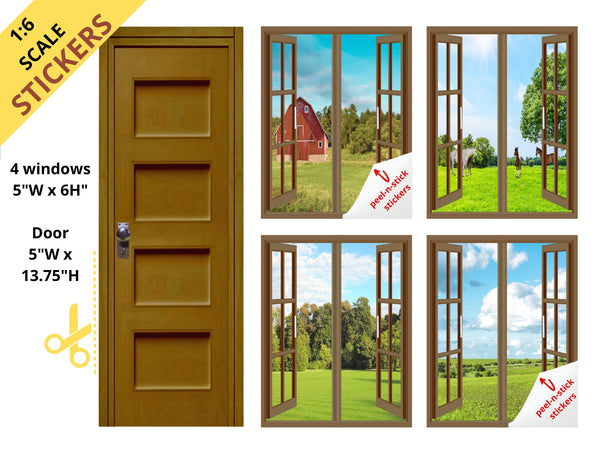 STICKERS 1:6 Scale 4 Brown Open Windows Country Scenes and Door STICKER SET for 11.5" Tall Dolls Diorama Wall Decor Doll Room Box Decor