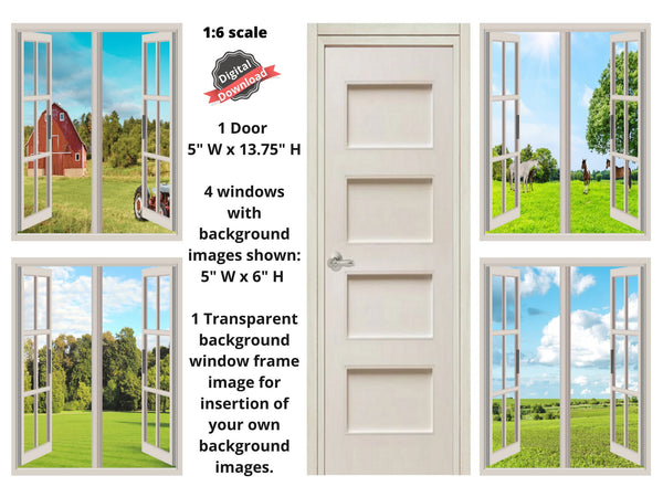 DIGITAL DOWNLOAD 1:6 Scale 4 Beige Open Windows and Door Country Scenes for 11.5" Sized Doll Diorama Doll Room Box Decor
