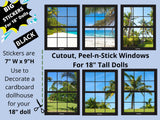 Black dollhouse window stickers with white sandy beach scenes