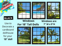 18" Sized Doll BLACK Windows DIGITAL DOWNLOAD with Beach Scene Images for 18" Sized Dolls Diorama Wall Decor Doll Room Box Decor