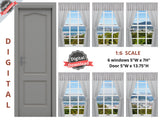 DIGITAL DOWNLOAD 1:6 Scale 6 Windows Gray Curtains and Door City Overlook for Barbie Size Doll Diorama Wall Decor Doll Room Box Decor