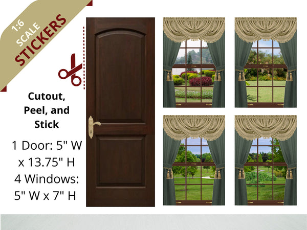 Window Curtains Sticker STICKERS 1:6 Scale 4 Windows and Door with Tan and Hunter Green Drapes ...