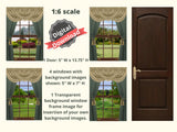 DIGITAL DOWNLOAD 1:6 Scale Four Windows Green and Tan Curtains and a Door for Barbie Sized Doll Diorama Wall Decor Doll Room Box Decor