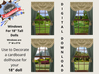 DIGITAL DOWNLOAD For 18" Dolls 4 Windows with Green and Tan Curtains for 18" Size Dolls Wall Decor Doll Room Box Decor