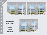 1:6 Scale STICKERS  Gray Curtains City Overlook 6 Windows and Door STICKER SET for Barbie Size Doll Diorama Wall Decor Doll Room Box Decor