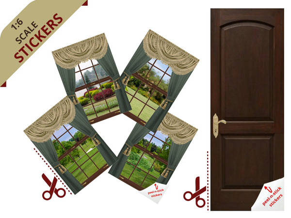 STICKERS 1:6 Scale 4 Windows and Door with Tan and Hunter Green Curtains for Barbie Size Doll Diorama Wall Decor Doll Room Box Decor