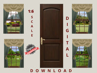 DIGITAL DOWNLOAD 1:6 Scale Four Windows Green and Tan Curtains and a Door for Barbie Sized Doll Diorama Wall Decor Doll Room Box Decor
